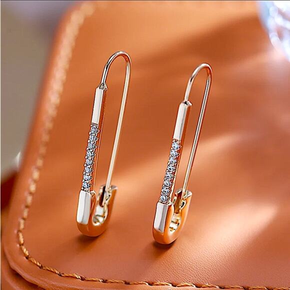 Gold Plated Zircon Safety Pin Earrings, Minimalist, Punk, Gift For Teenager - Picture 7 of 9